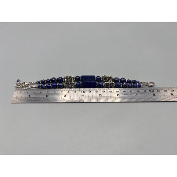Lapis Lazuli Bead Bracelet Sterling Silver Set of 2 Blue Stone Sphere Filigree - Picture 8 of 8